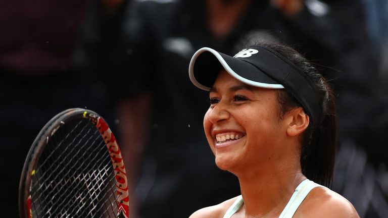 Heather Watson of Great Britain celebrates victory during her ladies singles first round match against Oceane Dodin of France during day two of the 2018 French Open at Roland Garros on May 28, 2018 in Paris, France.