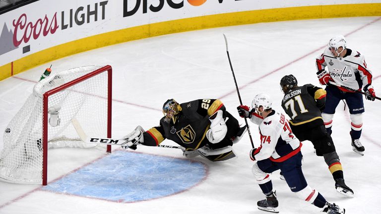 John Carlson scores past Vegas Golden Knights goalkeeper Marc-Andre Fleury in game one of the Stanley Cup final
