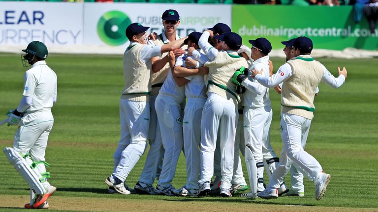 Ireland celebrate a wicket against Pakistan at Malahide