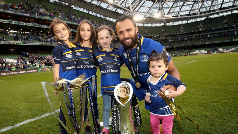 Leinster's Isa Nacewa celebrates with his daughters Mia, Ellie, Lucy and Laura.