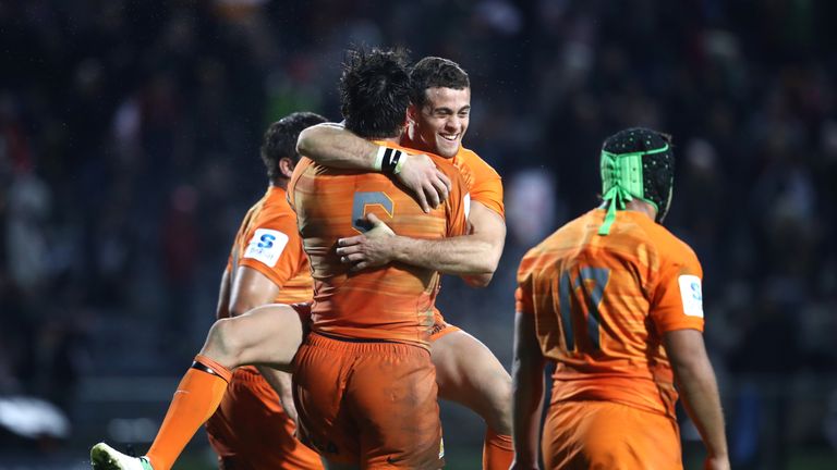 The Jaguares celebrate their victory over the chiefs in Rotorua