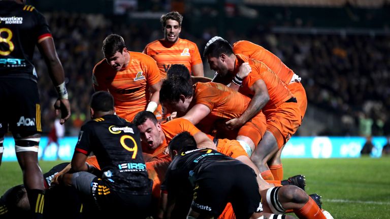 during the round 12 Super Rugby match between the Chiefs and the Jaguares at Rotorua International Stadium on May 4, 2018 in Rotorua, New Zealand.