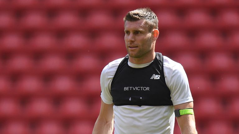 James Milner trains with Liverpool ahead of the Champions League final in Kiev.