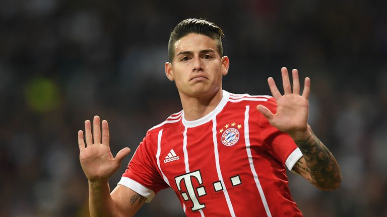 Bayern Munich's James Rodriguez celebrates scoring during the UEFA Champions League semi-final second-leg football match Real Madrid CF vs FC Bayern Munich in Madrid, Spain, on May 1, 2018.