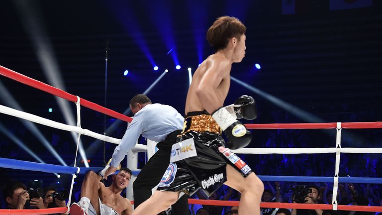 Naoya Inoue floors Jamie McDonnell during their WBA world bantamweight title fight in Tokyo