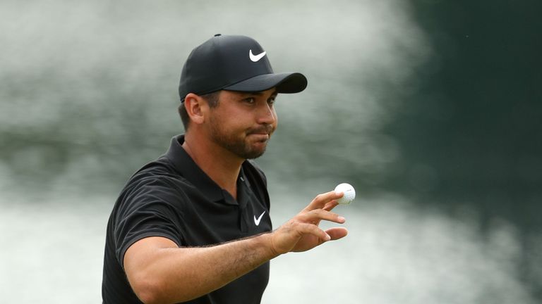 Jason Day of Australia reacts after his put on the 13th green during the third round of the 2018 Wells Fargo Championship at Quail Hollow Club