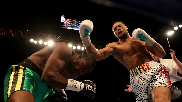  during the Commonwealth Heavyweight Title fight between Lenroy Thomas and Joe Joyce at The O2 Arena on May 5, 2018 in London, England.