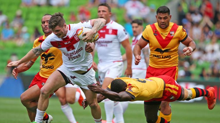 John Bateman of England runs with the ball during the 2017 Rugby League World Cup Quarter Final match between England and Papua New Guinea Kumuls