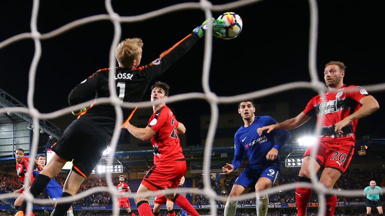 Huddersfield goalkeeper Jonas Lossl saves against Chelsea