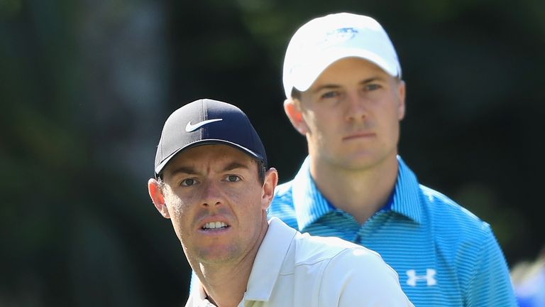 Jordan Spieth and Rory McIlroy during the first round of The Players Championship 