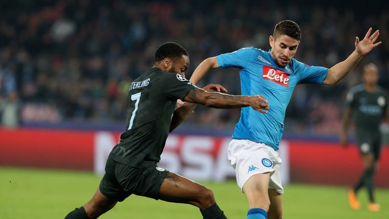 Jorginho of Napoli competes for the ball with of Manchester City during the UEFA Champions League group F match between SSC Napoli and Manchester City at Stadio San Paolo on November 1, 2017 in Naples, Italy.