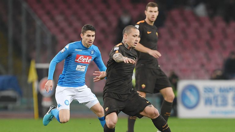 Jorginho and Radja Nainggolan during the serie A match between SSC Napoli and AS Roma - Serie A  at Stadio San Paolo on March 3, 2018 in Naples, Italy.