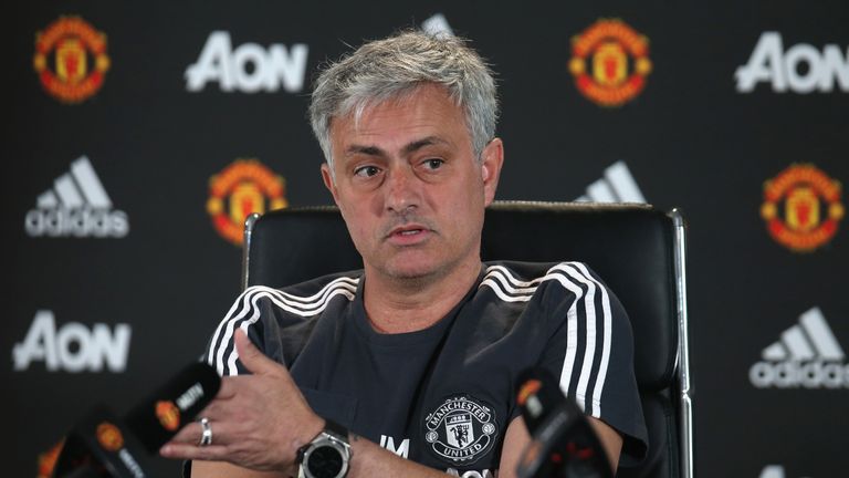 Jose Mourinho during a press conference at Manchester United's Aon Training Complex on May 3, 2018