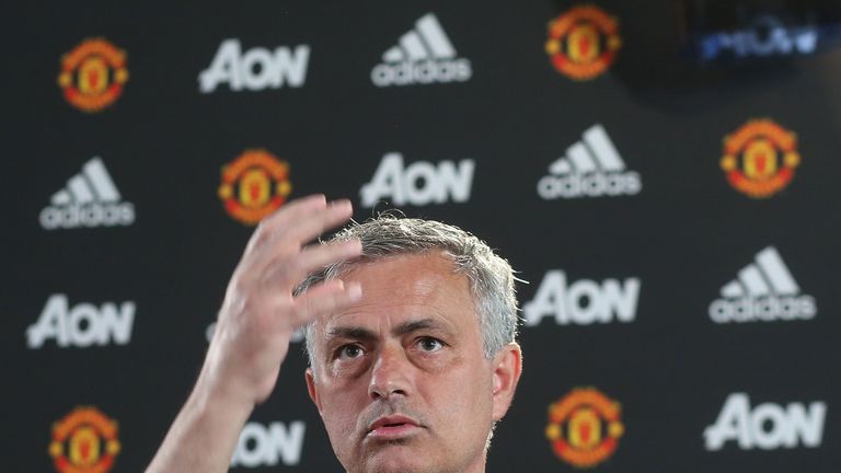 Jose Mourinho speaks during a press conference at Manchester United's Aon Training Complex