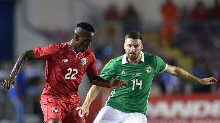 Stuart Dallas battles with Panama's Jose Rodriguez during an international friendly 