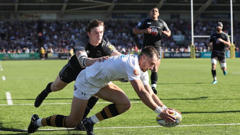 NEWCASTLE UPON TYNE, ENGLAND - MAY 05: Josh Bassett of Wasps scores his team's fourth try  during the Aviva Premiership match between Newcastle Falcons and Wasps at Kingston Park on May 5, 2018 in Newcastle upon Tyne, England. (Photo by Ian MacNicol/Getty Images)