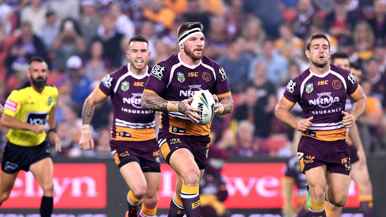 Josh McGuire of the Broncos runs with the ball during the round seven NRL match between the Brisbane Broncos and the Melbourne Storm