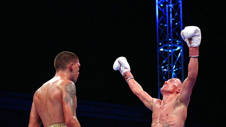 Josh Warrington celebrates victory over Lee Selby in the IBF Featherweight Championship fight at Elland Road on May 19, 2018 in Leeds, England.  (Photo by Alex Livesey/Getty Images)