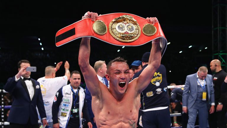 Lee Selby lands a shot on Josh Warrington during IBF Featherweight Championship fight at Elland Road on May 19, 2018 in Leeds, England.