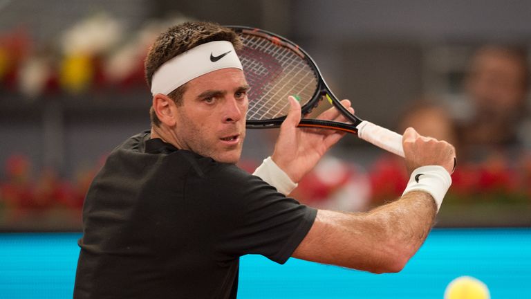 Juan Martin del Potro of Argentina in action against Damir Dzumhur of Bosnia in the 2nd Round match during day four of the Mutua Madrid Open tennis tournament at the Caja Magica on May 8, 2018 in Madrid, Spain. 
