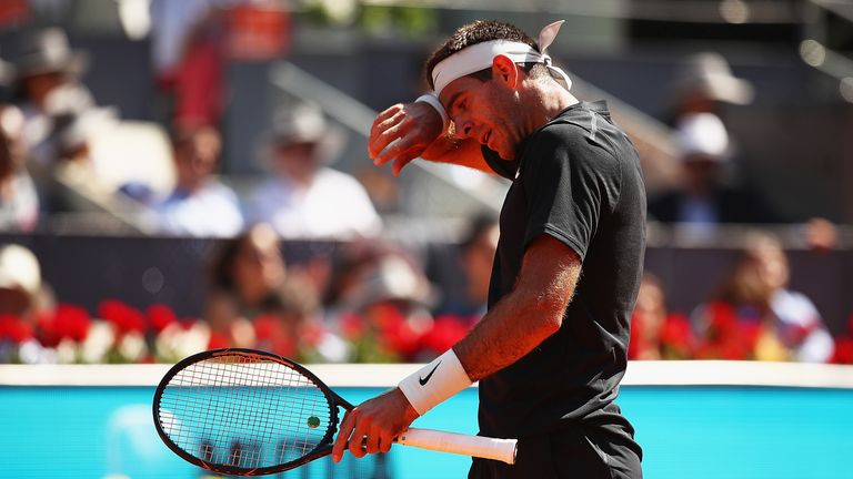 Juan Martin del Potro of Argentina shows his dejection against Dusan Lajovic of Serbia in their third round match during day six of the Mutua Madrid Open tennis tournament at the Caja Magica on May 10, 2018 in Madrid, Spain.