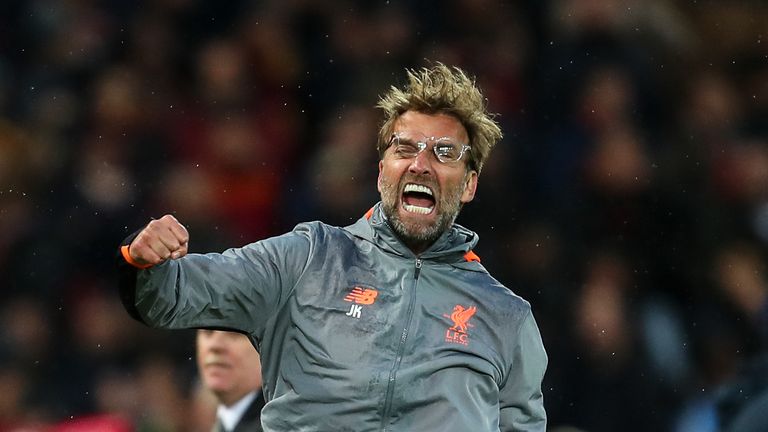 Jurgen Klopp celebrates Liverpool's first goal during the UEFA Champions League Semi-Final, First Leg against Roma at Anfield on April 24, 2018