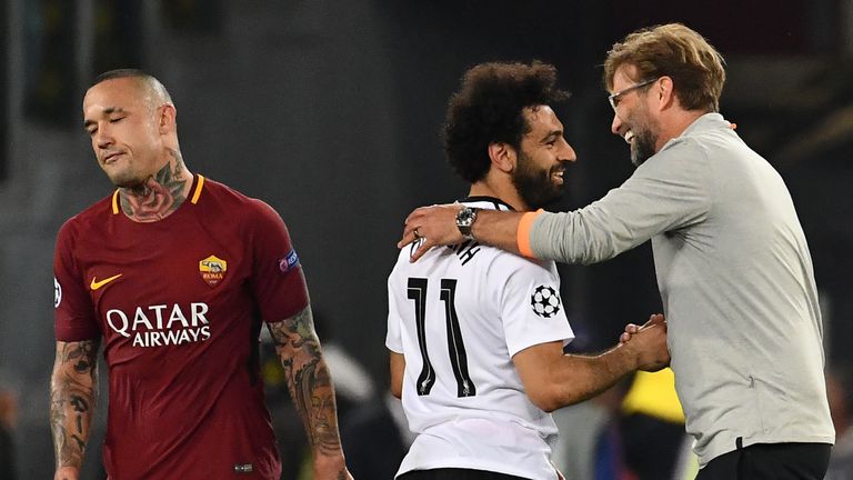 Mo Salah and Jurgen Klopp, Roma v Liverpool, Champions League