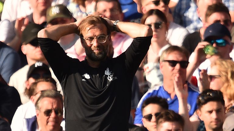 Jurgen Klopp looks on during the Premier League match between Chelsea and Liverpool at Stamford Bridge in London on May 6, 2018