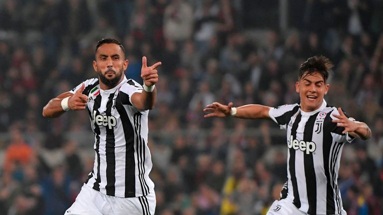 Juventus defender Medhi Benatia celebrates scoring in the Coppa Italia final