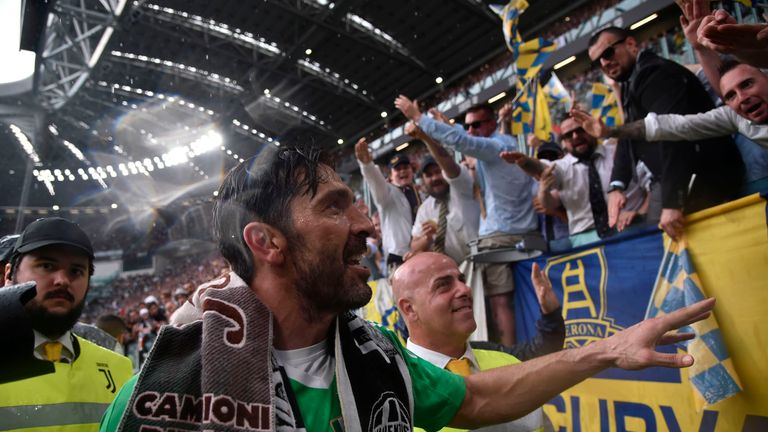 Gianluigi Buffon greats the Juventus fans during his final game