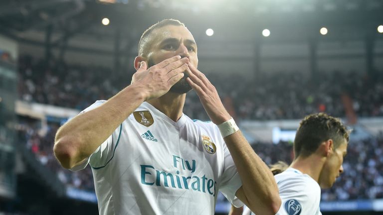 Karim Benzema celebrates his goal during the UEFA Champions League semi-final, second-leg between Real Madrid and Bayern Munich