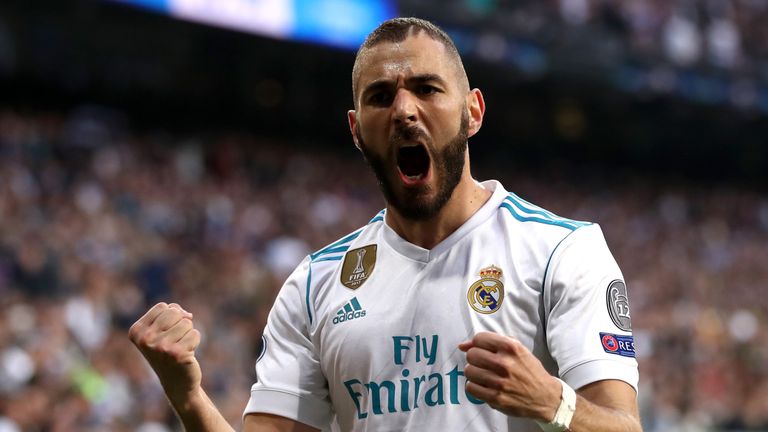 Karim Benzema of Real Madrid celebrates as he scores his side's first goal during the UEFA Champions League Semi Final Second Leg match v Bayern Munich at the Bernabeu on May 1, 2018 in Madrid, Spain