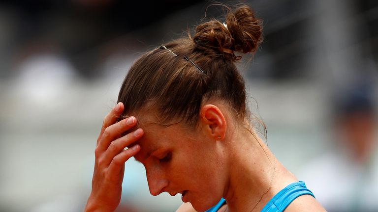Karolina Pliskova of Czech Republic looks down in her match against Maria Sakkari of Greece during day four of the Internazionali BNL d'Italia 2018 tennis at Foro Italico on May 16, 2018 in Rome, Italy.