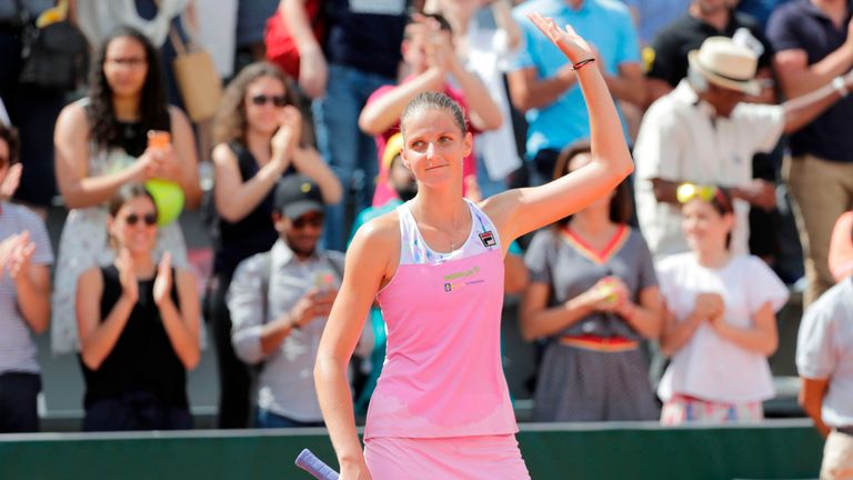 Czech Republic's Karolina Pliskova celebrates after victory over Czech Republic's Lucie Safarova at the end of their women's singles second round match on day five of The Roland Garros 2018 French Open tennis tournament in Paris on May 31, 2018. 