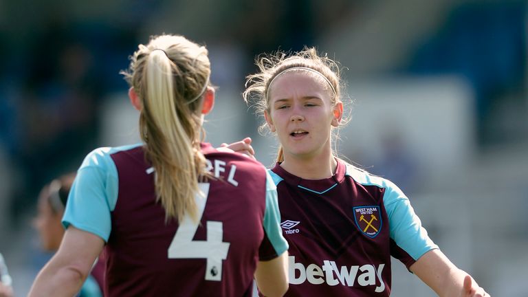 Ellie Zoepfl (L) congratulates Kelly Wealthall on scoring a hat trick during the FA Women's Premier League match between West Ham United Ladies and Portsmouth FC Ladies at Rush Green