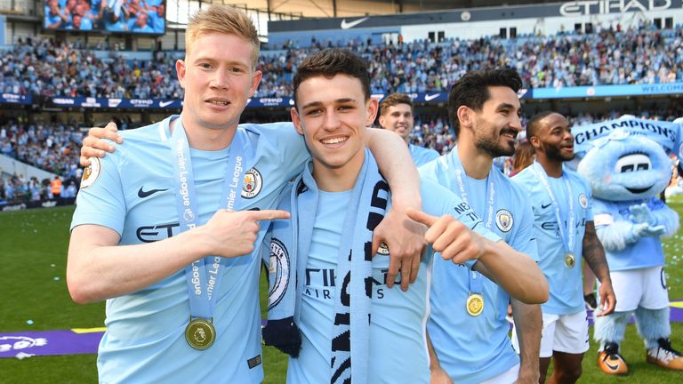 Kevin De Bruyne and Foden celebrate winning the Premier League 