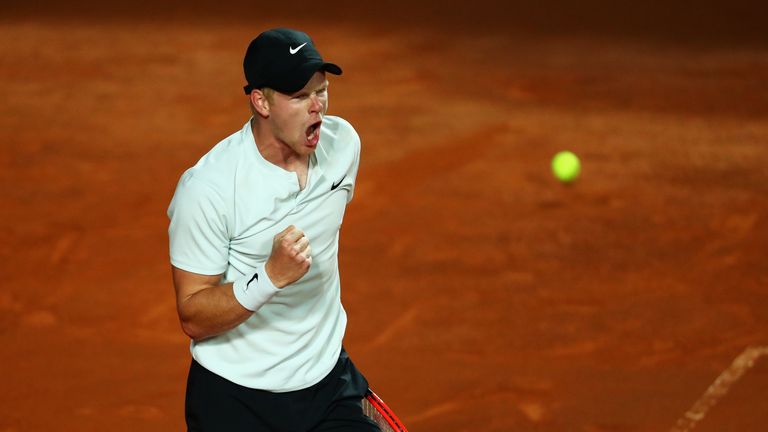 Kyle Edmund of Great Britain celebrates victory against Malek Jaziri of Tunisia during day two of the Internazionali BNL d'Italia 2018 tennis at Foro Italico on May 14, 2018 in Rome, Italy. 
