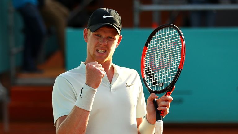 Kyle Edmund of Great Britain celebrates winning a point in his match against Daniil Medvedev of Russia during day four of the Mutua Madrid Open tennis tournament at the Caja Magica on May 8, 2018 in Madrid, Spain