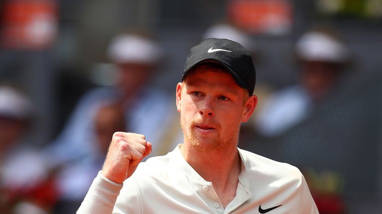Kyle Edmund of Great Britain reacts during his second round match against Novak Djokovic of Serbia on day five of the Mutua Madrid Open at La Caja Magica on May 9, 2018 in Madrid, Spain.