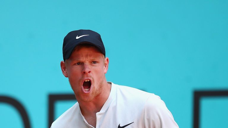 Kyle Edmund of Great Britain reacts during his singles match against David Goffin of Belgium during day six of Mutua Madrid Open at La Caja Magica on May 10, 2018 in Madrid, Spain