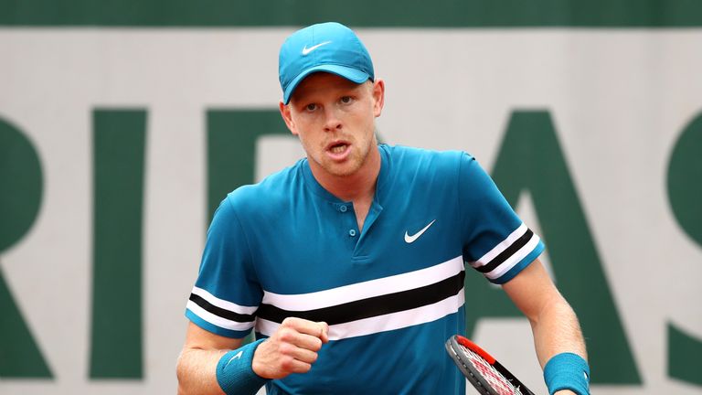 Kyle Edmund of Great Britain reacts during the mens singles first round match against Alex De Minaur of Australia during day three of the 2018 French Open at Roland Garros on May 29, 2018 in Paris, France.
