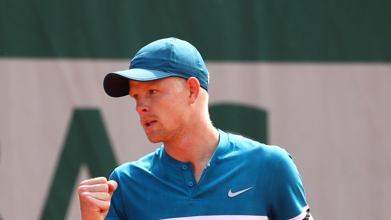 Kyle Edmund of Great Britain celebrates during the mens singles first round match against Alex De Minaur of Australia during day three of the 2018 French Open at Roland Garros on May 29, 2018 in Paris, France
