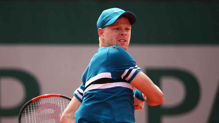 Kyle Edmund of Great Britain plays a forehand during the mens singles seoncd round match against Marton Fucsovics of Hungary during day five of the 2018 French Open at Roland Garros on May 31, 2018 in Paris, France