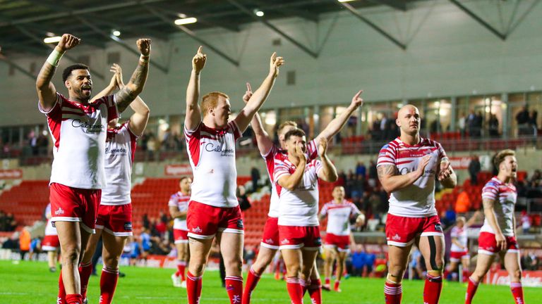 Leigh players celebrate their Challenge Cup win over Salford