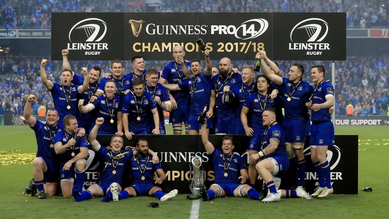 Leinster celebrate after their victory over Scarlets in Dublin