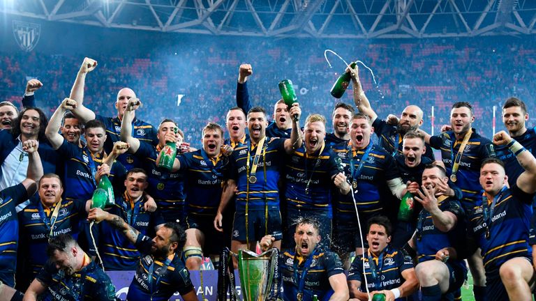 Leinster celebrating a fourth European Cup victory in Bilbao after beating Racing 92 in the 2018 final