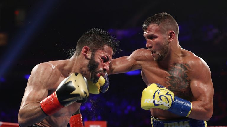 Vasiliy Lomachenko Jorge Linares during their WBA lightweight title fight at Madison Square Garden on May 12, 2018 in New York City.