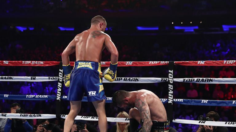 Vasiliy Lomachenko Jorge Linares during their WBA lightweight title fight at Madison Square Garden on May 12, 2018 in New York City.