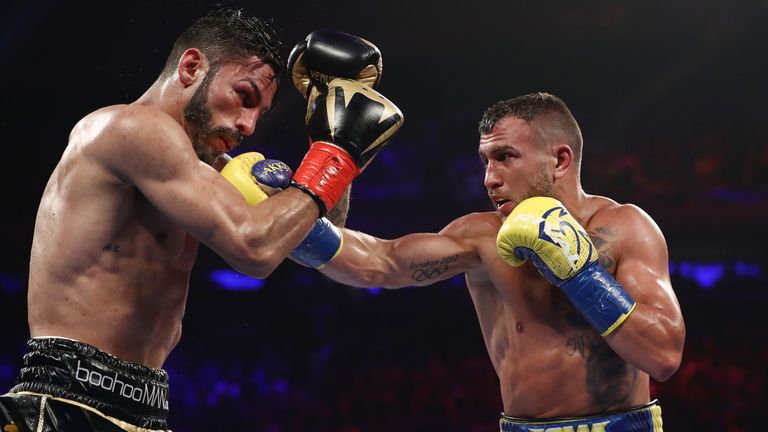 Vasiliy Lomachenko Jorge Linares during their WBA lightweight title fight at Madison Square Garden on May 12, 2018 in New York City.