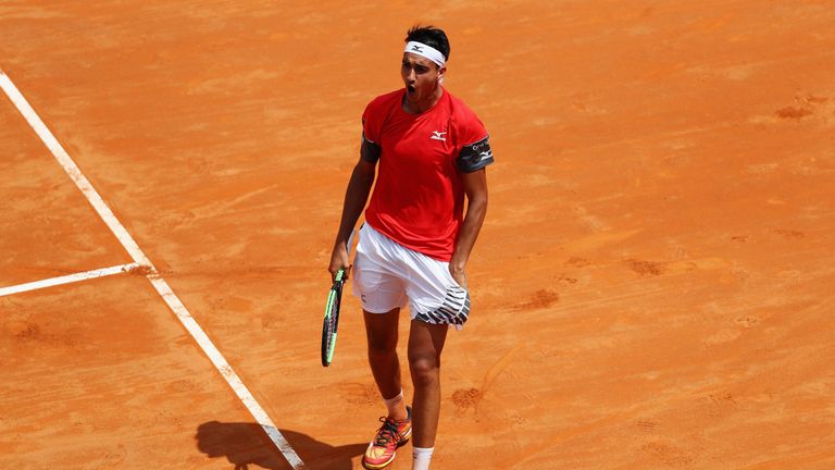 Lorenzo Sonego of Italy celebrates a point win against Adrian Mannarino of France during day one of the Internazionali BNL d'Italia 2018 tennis at Foro Italico on May 13, 2018 in Rome, Italy.